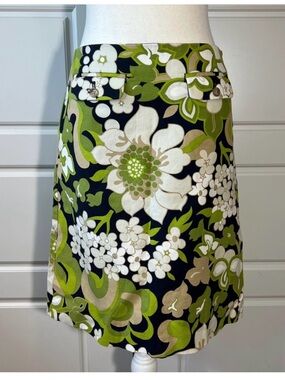 J. Crew Green, Black and White Floral A-Line Skirt